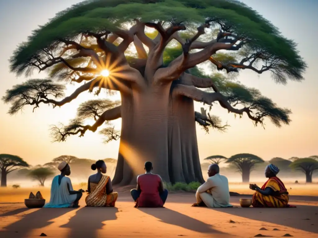 Un vibrante debate bajo un baobab en la sabana africana simboliza la Filosofía africana pensamiento contemporáneo