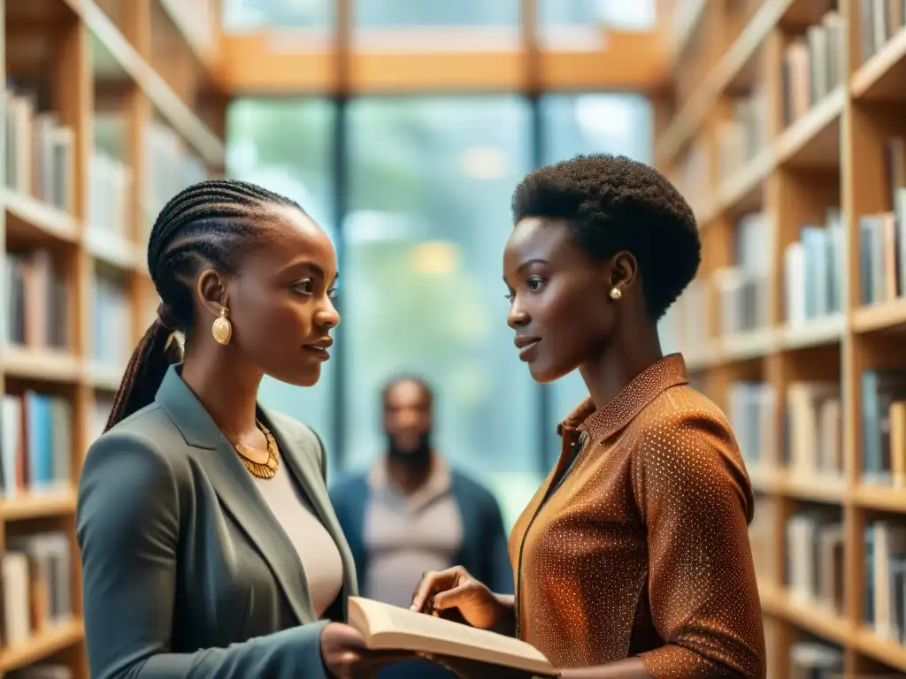 Un vibrante debate en una biblioteca moderna, rodeados de libros sobre historia, literatura y filosofía africanas