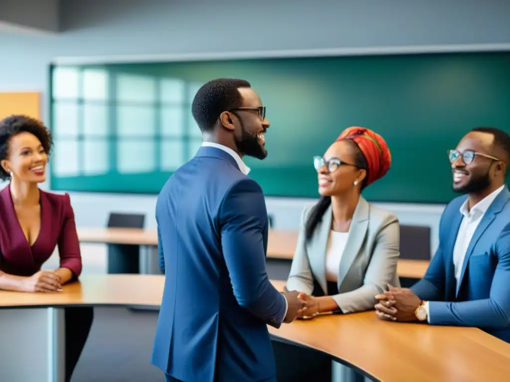 Un vibrante debate de emprendimiento africano casos de estudio en aula moderna y colorida