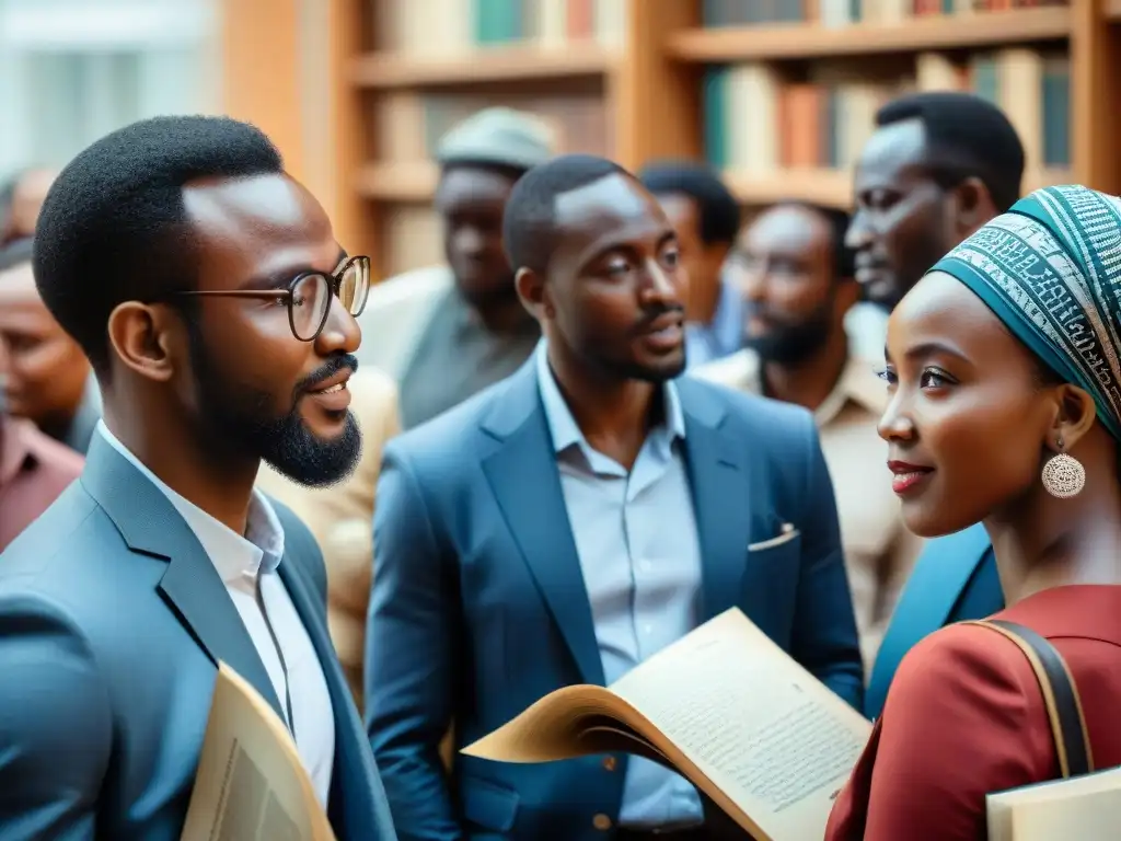 Un vibrante debate de eruditos africanos en conferencia, rodeados de libros en varios idiomas, reflejando la riqueza de las lenguas escritas africanas