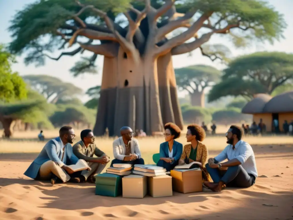 Vibrante debate de eruditos bajo un baobab, adaptación idiomas africanos globalización