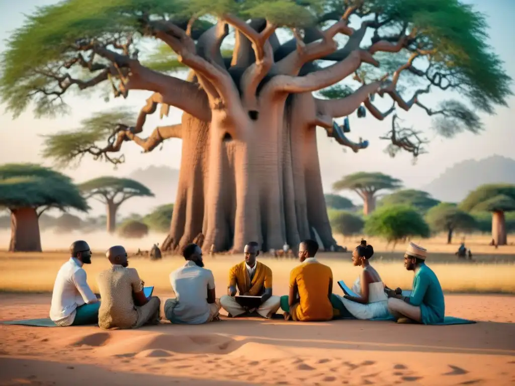 Un vibrante debate entre estudiosos africanos bajo un árbol baobab, fusionando tradición y modernidad en el desarrollo de lenguas escritas africanas