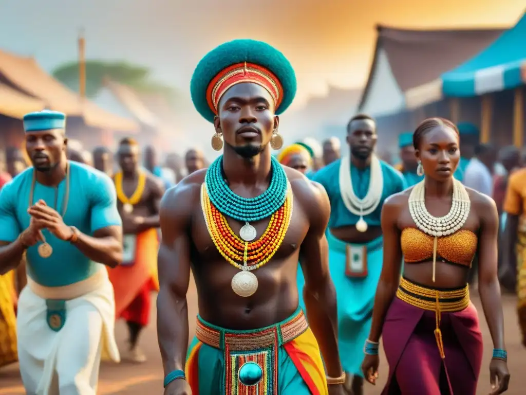 Un vibrante desfile de sincretismo africano durante un festival religioso, con coloridos trajes y música bajo el sol poniente