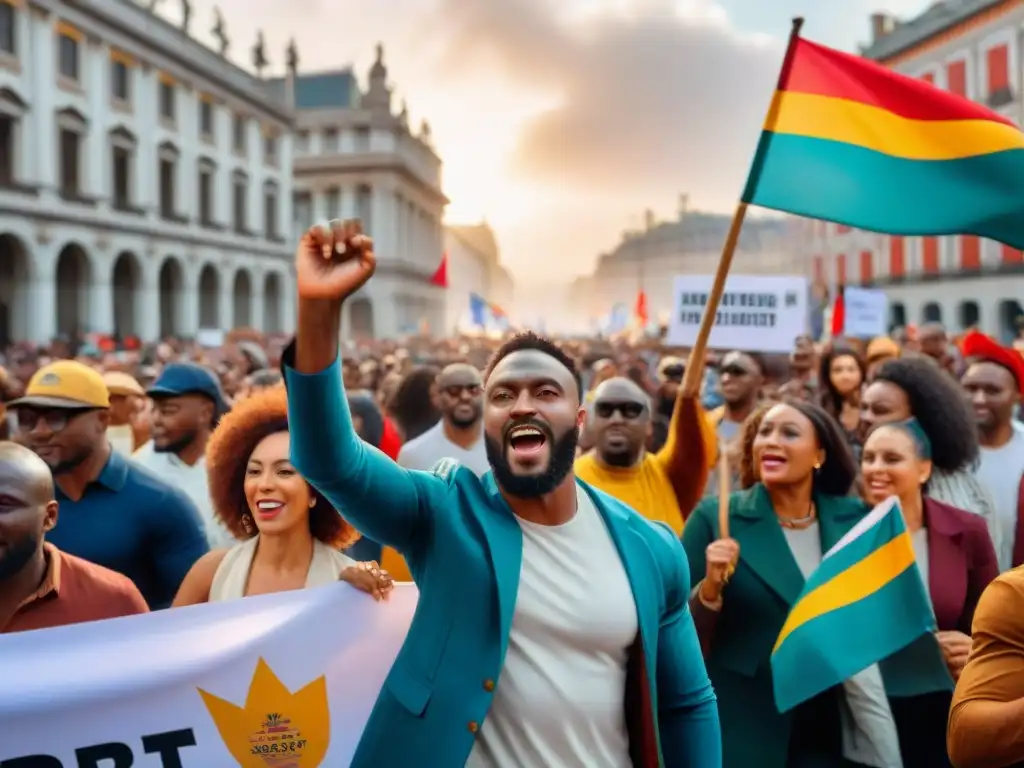 Manifestación vibrante de la diáspora africana en la plaza, ondeando banderas y carteles por la inclusión política