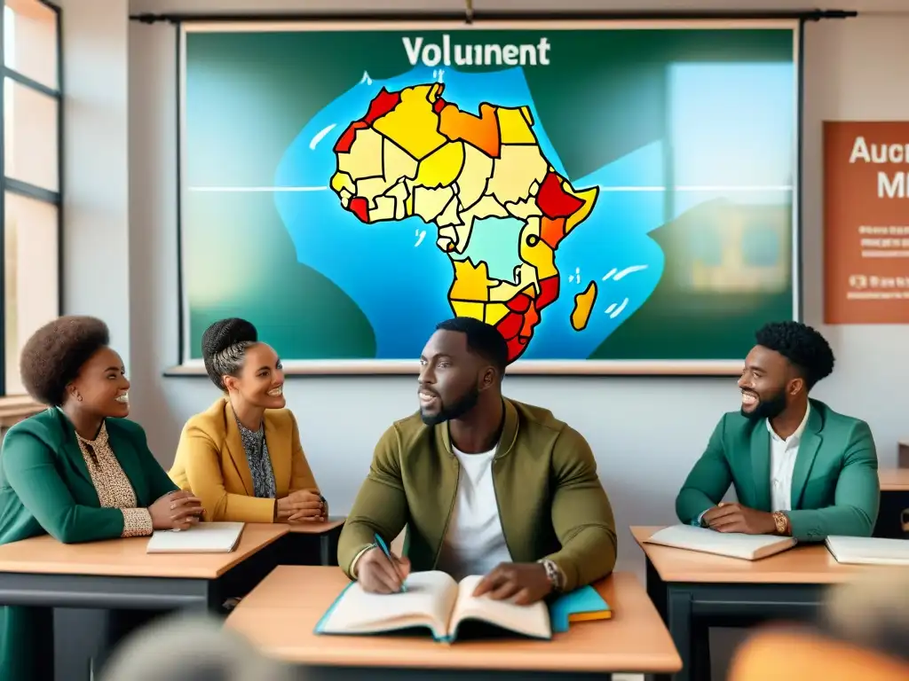 Una vibrante discusión en aula equipada con detalles africanos