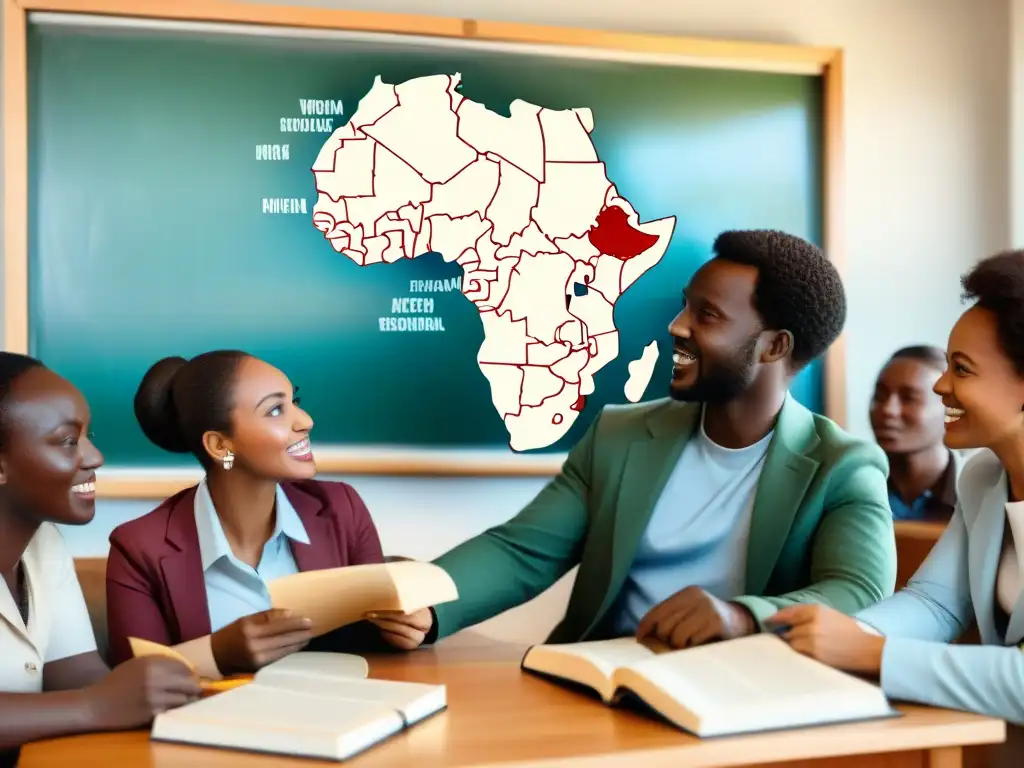 Vibrante discusión de estudiantes africanos sobre historia política africana en aula moderna