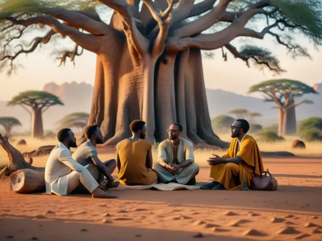 Una vibrante discusión de filósofos africanos bajo un baobab al atardecer, reflejando la riqueza cultural y el pensamiento contemporáneo