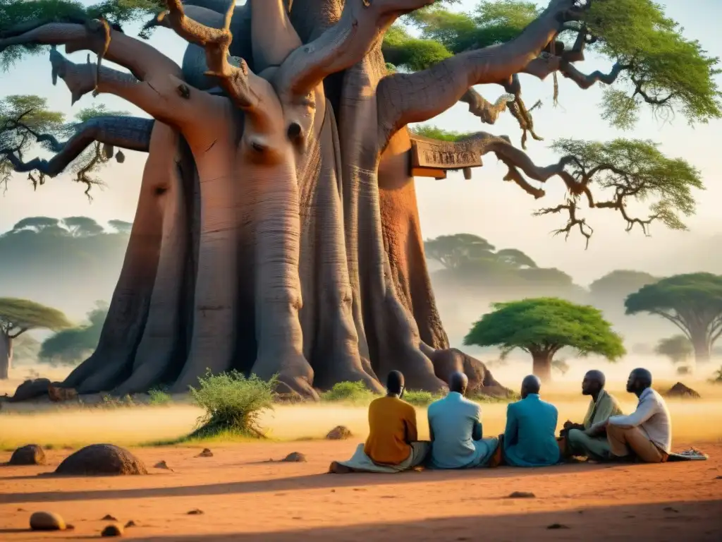 Vibrante discusión de pensadores africanos contemporáneos bajo un baobab centenario