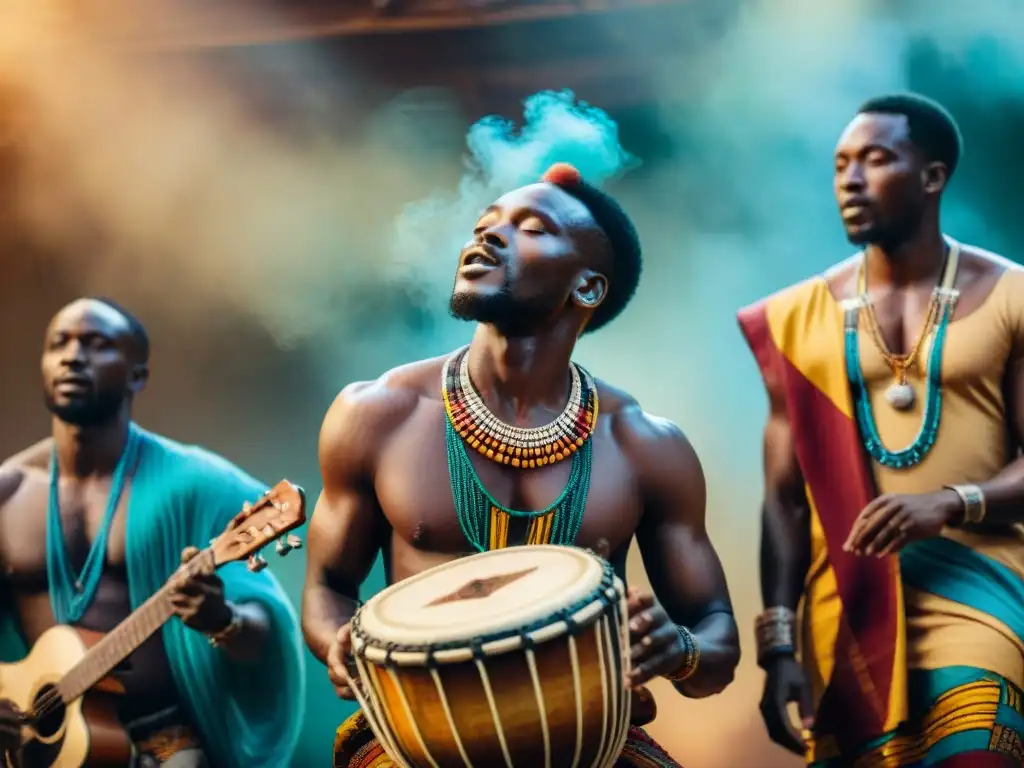 Una vibrante y diversa agrupación de músicos africanos de minorías étnicas tocando juntos en un estudio de música