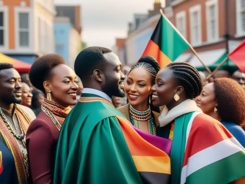 Un vibrante encuentro de la diáspora africana en una plaza multicultural, mostrando unidad y fuerza en su herencia compartida