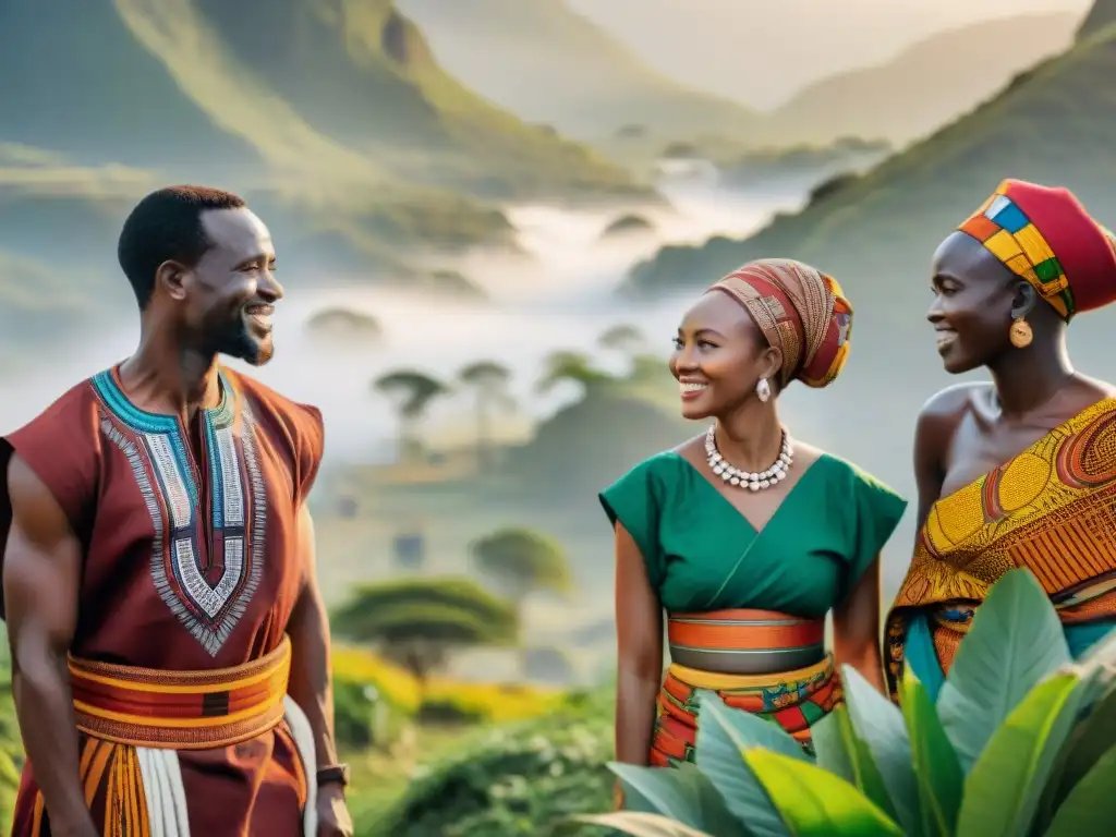 Un vibrante encuentro de diversidad lingüística en África, con personas de diferentes regiones conversando en sus idiomas nativos, vestidas con atuendos tradicionales y rodeadas de paisajes africanos coloridos