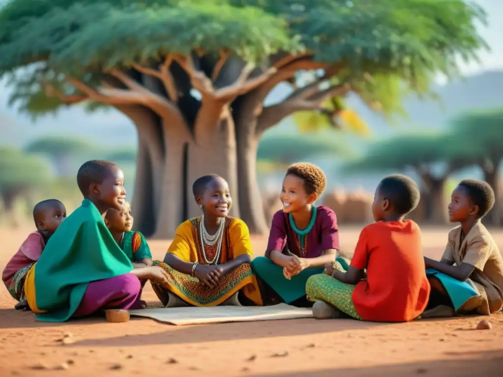 Un vibrante encuentro educativo bajo el baobab en África con niños y apps educativas sobre tradiciones y reinos africanos