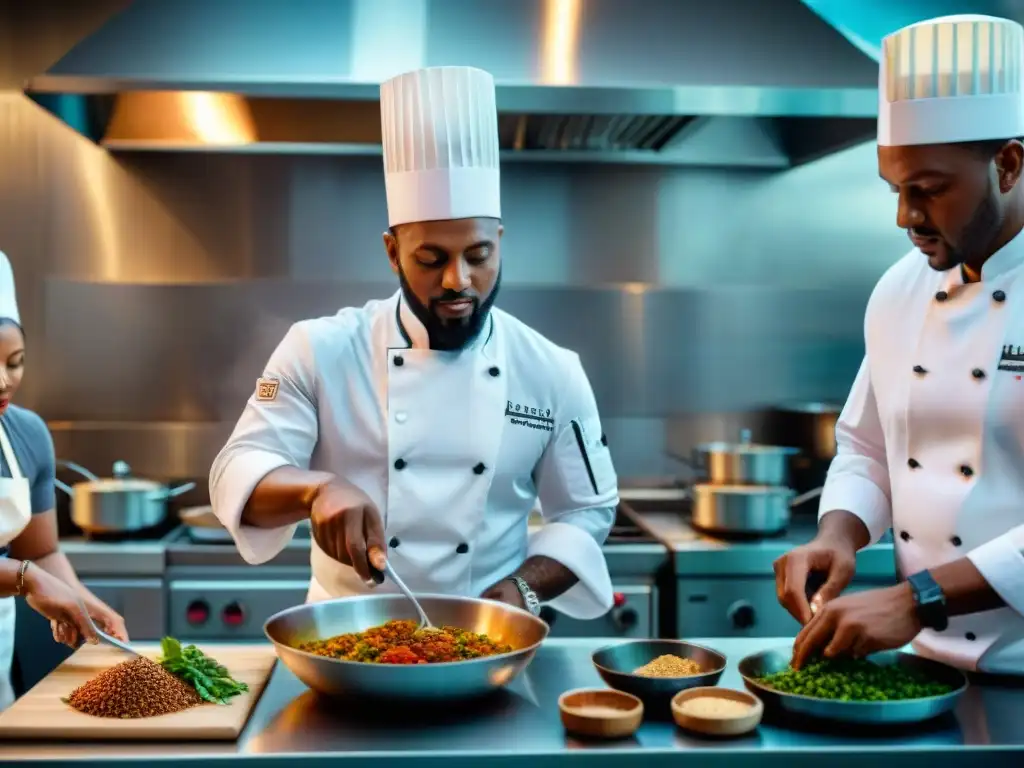 Un vibrante equipo de chefs afrodescendientes preparando platillos con influencia global en una cocina moderna y bulliciosa