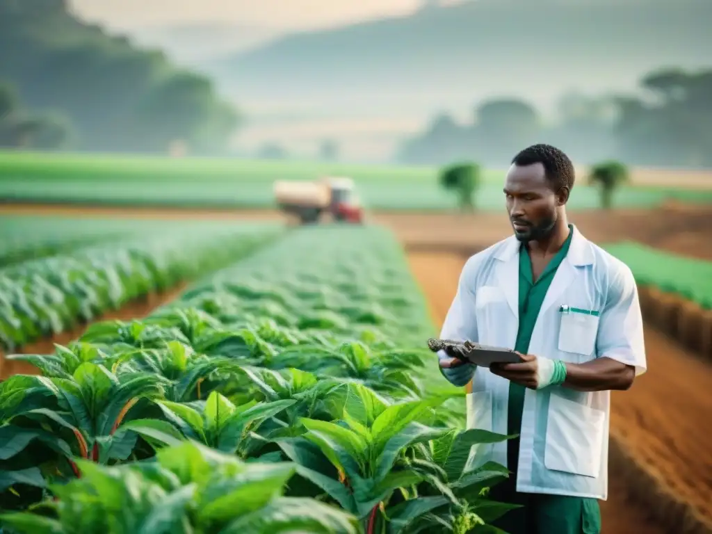 Una vibrante escena de agricultores africanos trabajando en un campo verde, fusionando sabiduría ancestral con prácticas de ingeniería genética