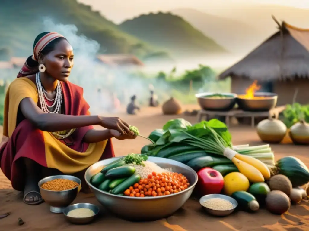 Vibrante escena de aldea africana al amanecer con alimentación holística en civilizaciones africanas