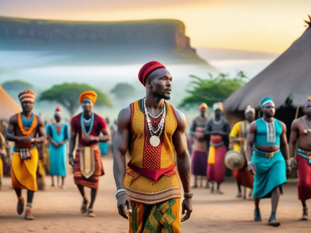 Vibrante escena de una aldea africana con sistemas de castas, destacando la rica herencia cultural y los lazos comunitarios