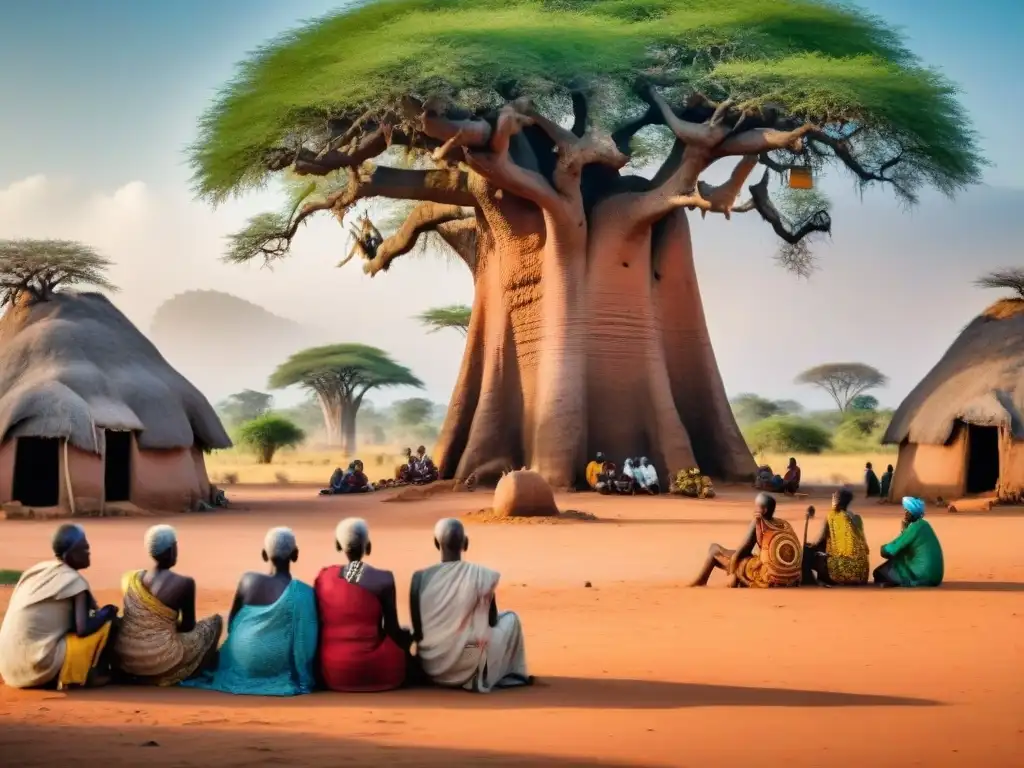 Vibrante escena de ancianos tribales debajo de un baobab en una aldea africana, reflejando las dinámicas económicas comunidades tribales africanas