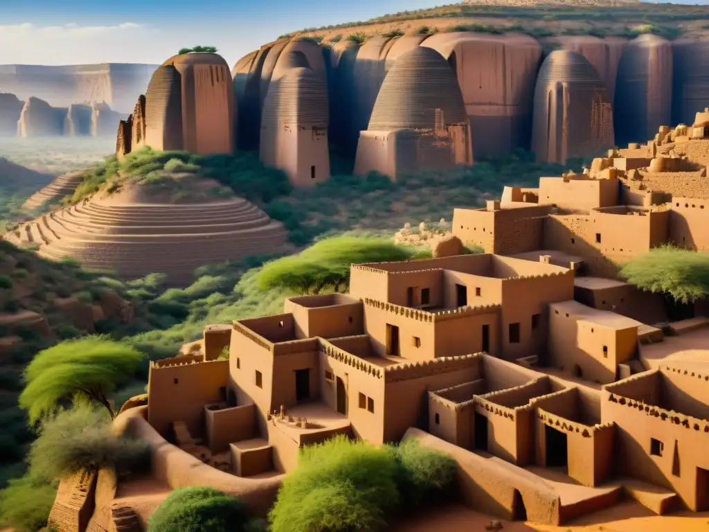 Vibrante escena de la Arquitectura cosmogónica de los Dogones en Mali, con casas de barro y símbolos antiguos tallados