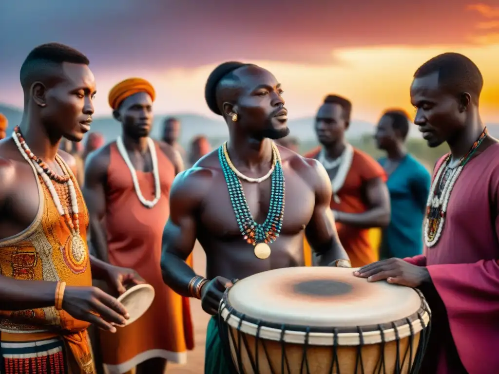 Vibrante escena: al atardecer, aldeanos africanos rodean un tambor decorado, en una sesión de tambores llena de comunicación divina en África