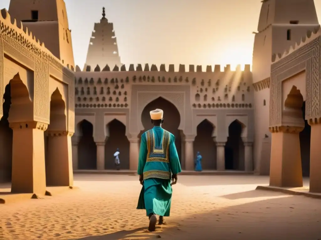 Vibrante escena al atardecer de la Gran Mezquita de Djenné en Mali, reflejando la historia del imperio Mali y su independencia moderna