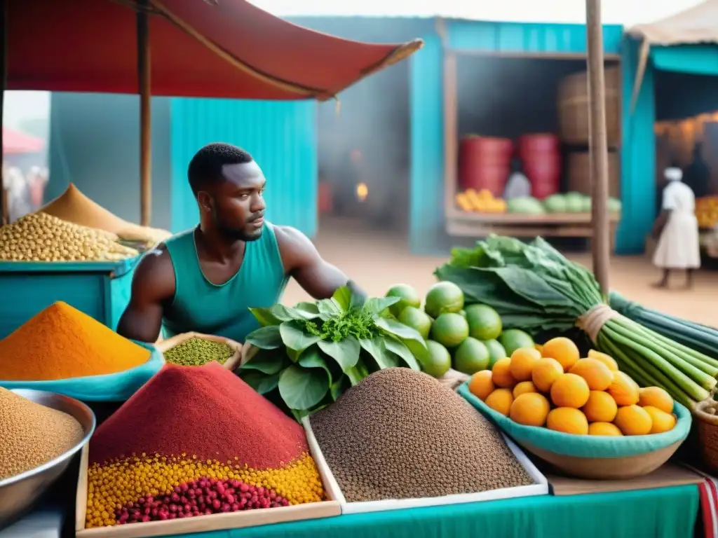 Una vibrante escena de un bullicioso mercado africano, con colores, especias y frutas exóticas