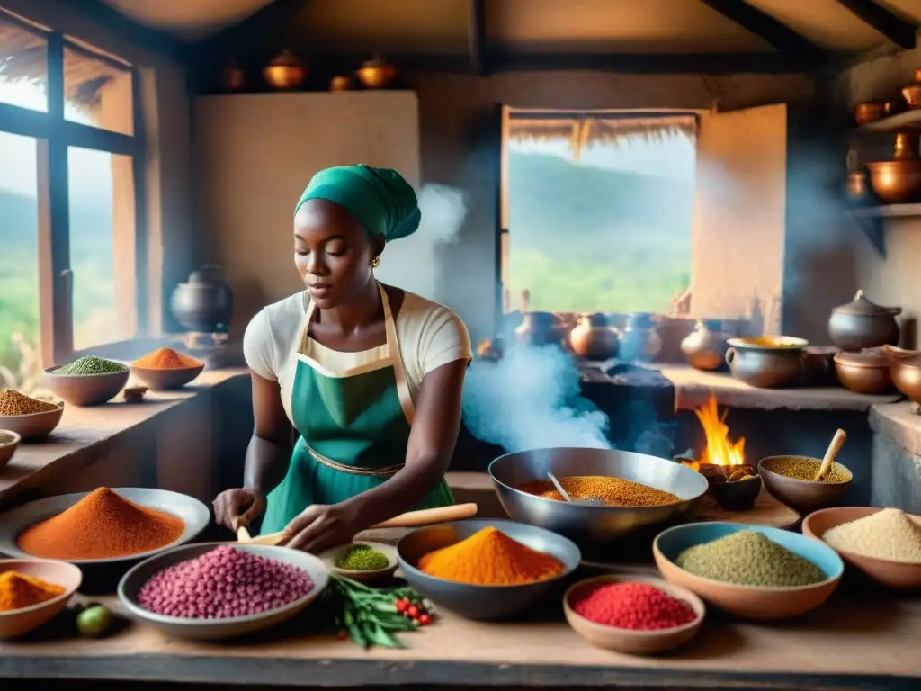 Vibrante escena de cocina africana tradicional con mujeres cocinando juntas alrededor de fogatas abiertas y especias coloridas