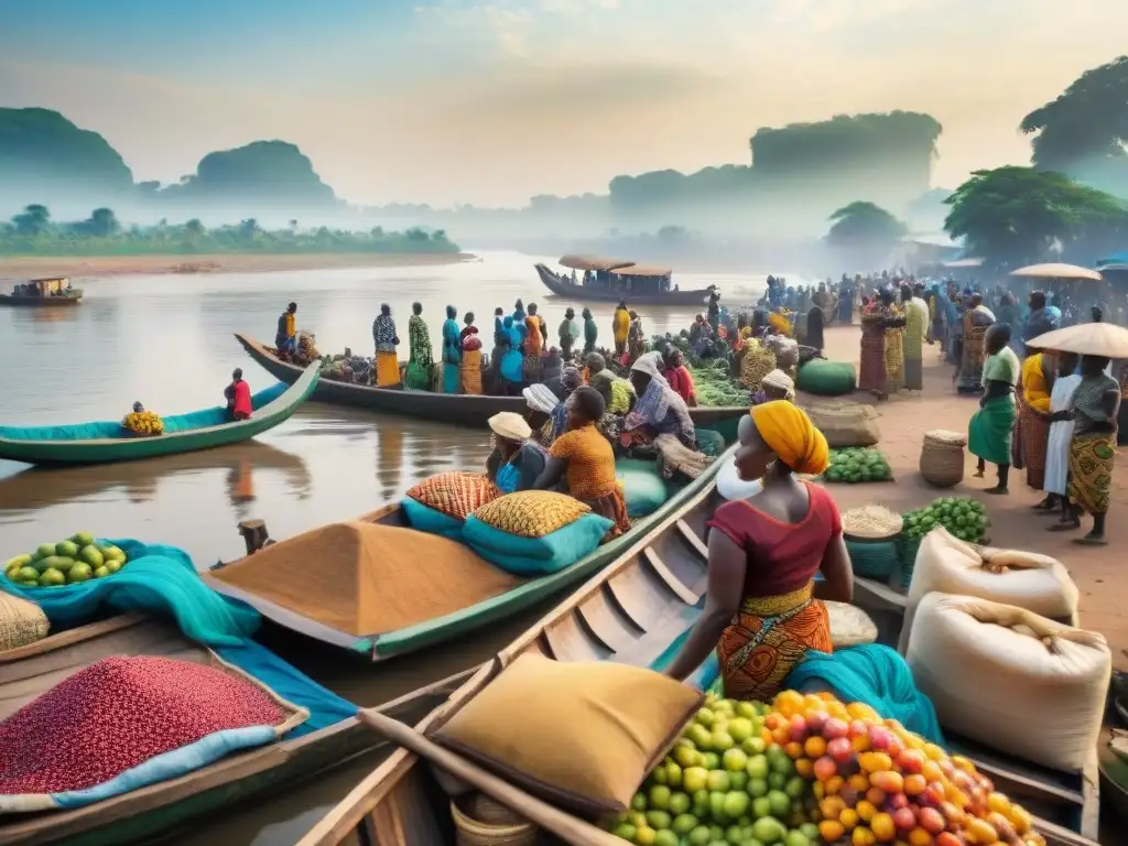 Vibrante escena de comerciantes en el río Congo, reflejando la importancia histórica del río Congo