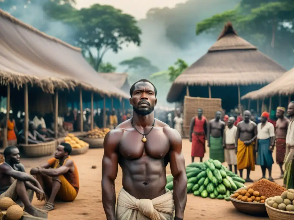 Escena impactante: Mercado de esclavos en África Central Vibrante escena de comercio de esclavos en África, con diversos personajes y emociones intensas