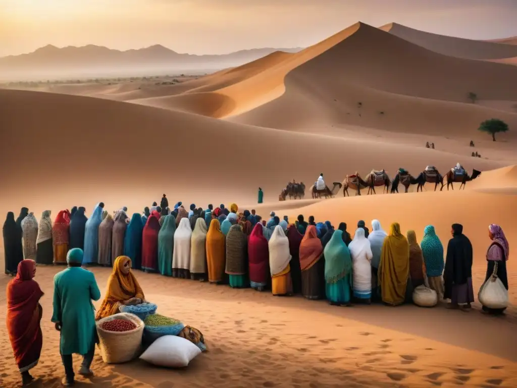 Mercado clandestino en el Sahara: comercio ilícito y cultura tradicional Vibrante escena de comercio ilícito en civilizaciones africanas en el desierto del Sáhara