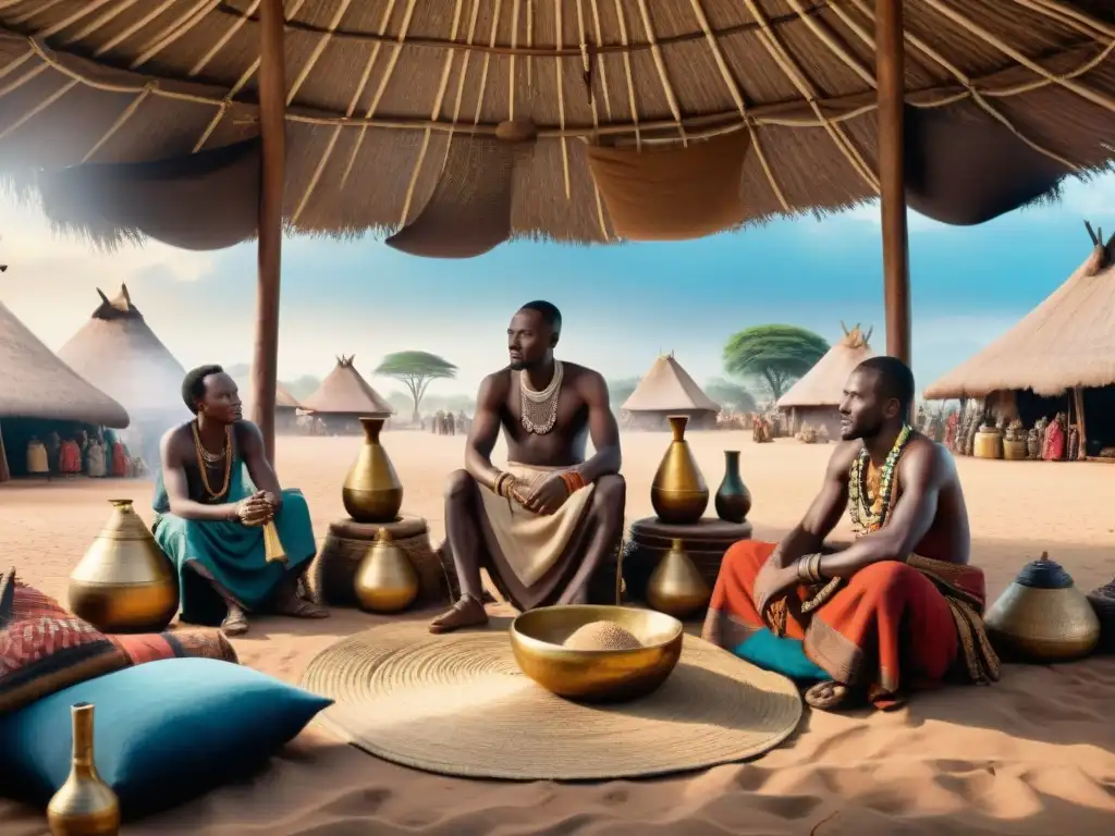 Vibrante escena de comercio precolonial en África con diversos comerciantes y coloridos textiles en un bullicioso mercado africano