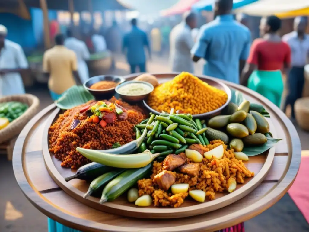 Una vibrante escena de una comida africana tradicional en un mercado, resaltando la dieta africana salud digestiva