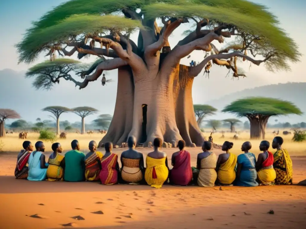 Vibrante escena de comunidad africana bajo un baobab, destacando el legado lingüístico de las civilizaciones africanas