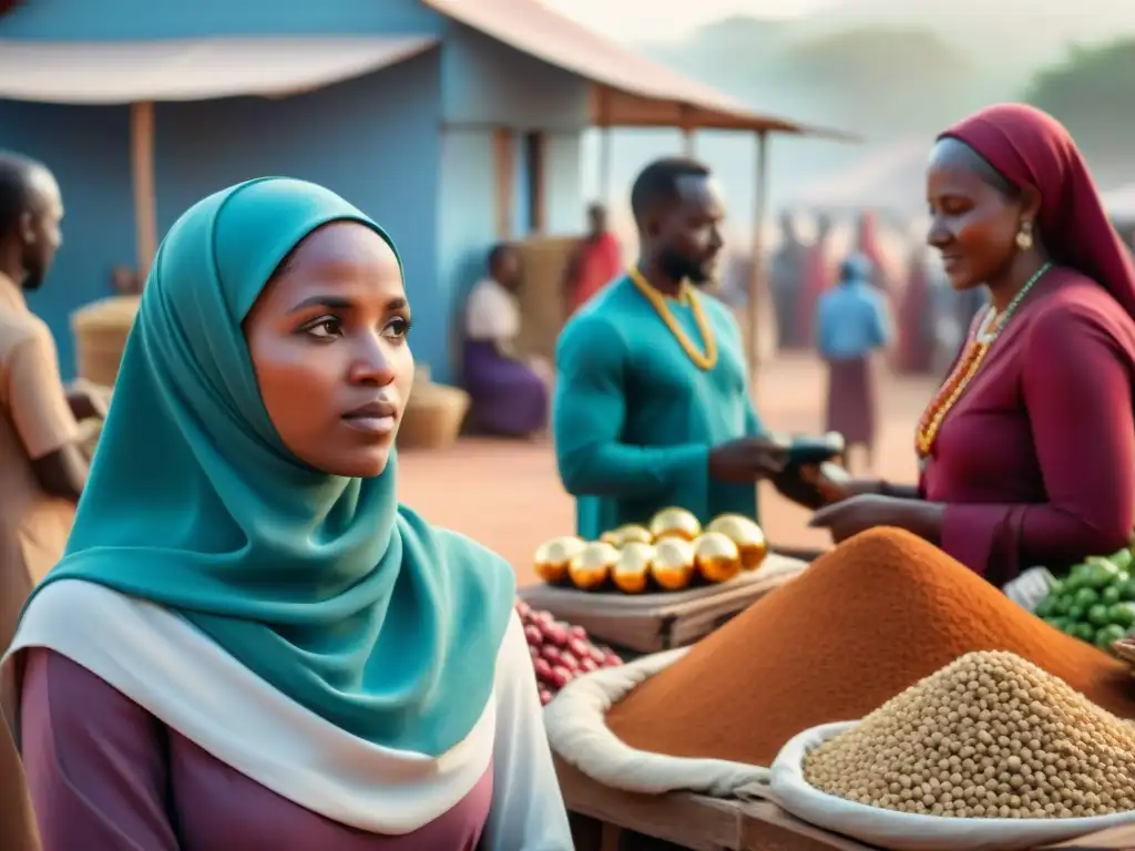 Mercado multicultural: convivencia religiosa en África Una vibrante escena de convivencia de creencias en África, donde personas de distintas religiones interactúan pacíficamente en un concurrido mercado