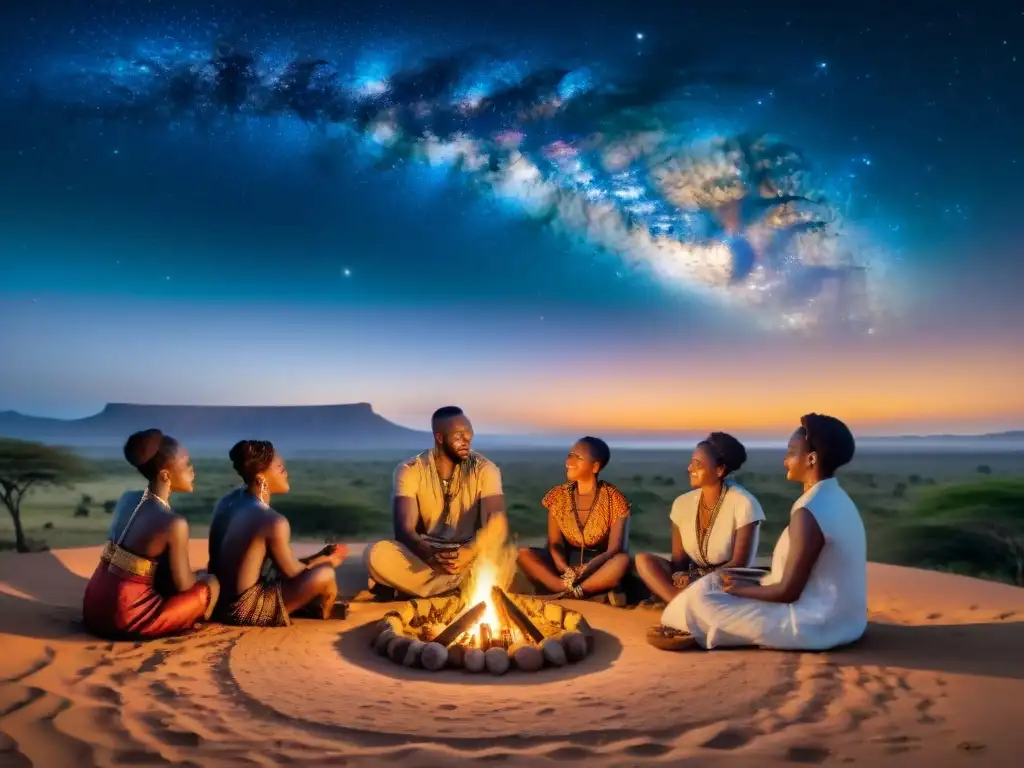 Vibrante escena de inmersión cultural en África: drumming, danza y cuentos alrededor de la hoguera bajo el cielo estrellado