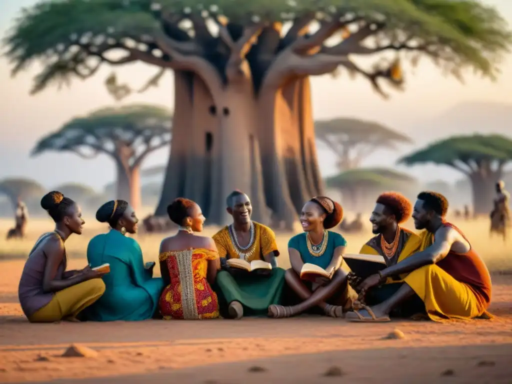 Una vibrante escena de diversidad lingüística en África: grupo variado debatiendo bajo un baobab con libros en mano, en la sabana al atardecer