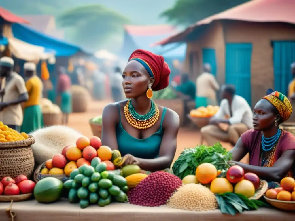 Una vibrante escena de diversidad lingüística en un bullicioso mercado africano, con frutas, textiles y artesanías coloridas