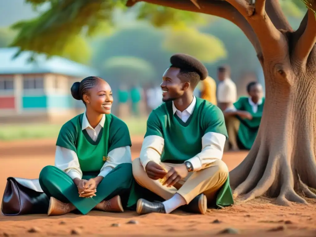 Vibrante escena de estudiantes africanos debatiendo bajo un árbol en un entorno escolar rural