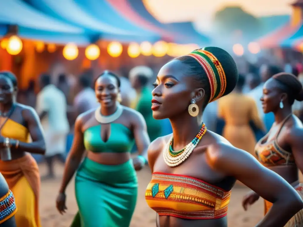 Una vibrante escena de festival africano impactando el turismo global con danzas, colores y diversidad cultural