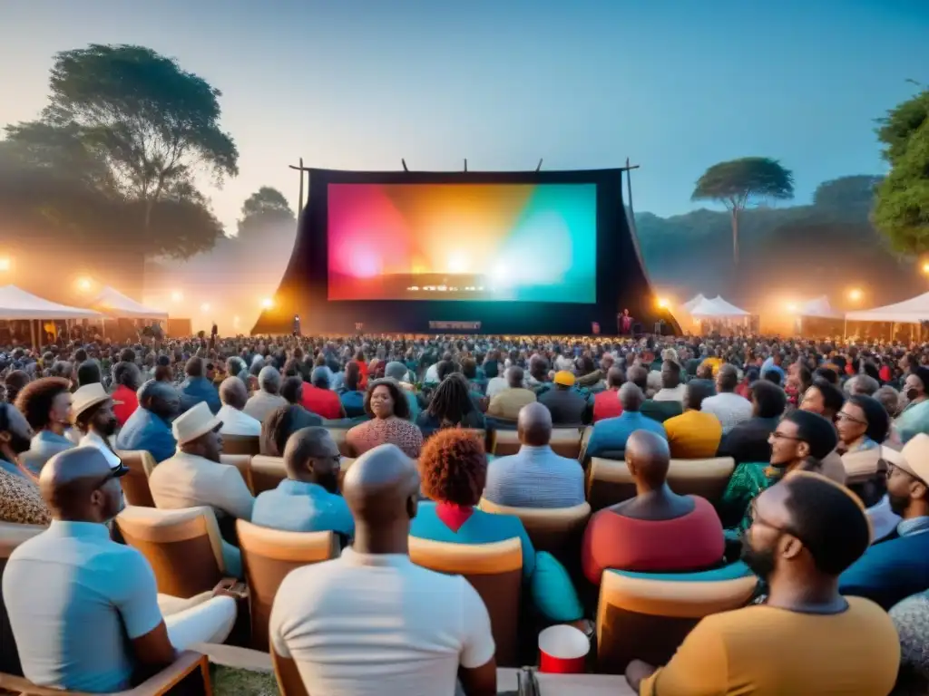 Una vibrante escena de festival de cine africano, con cineastas y actores bajo un cielo estrellado, rodeados de posters y decoraciones coloridas