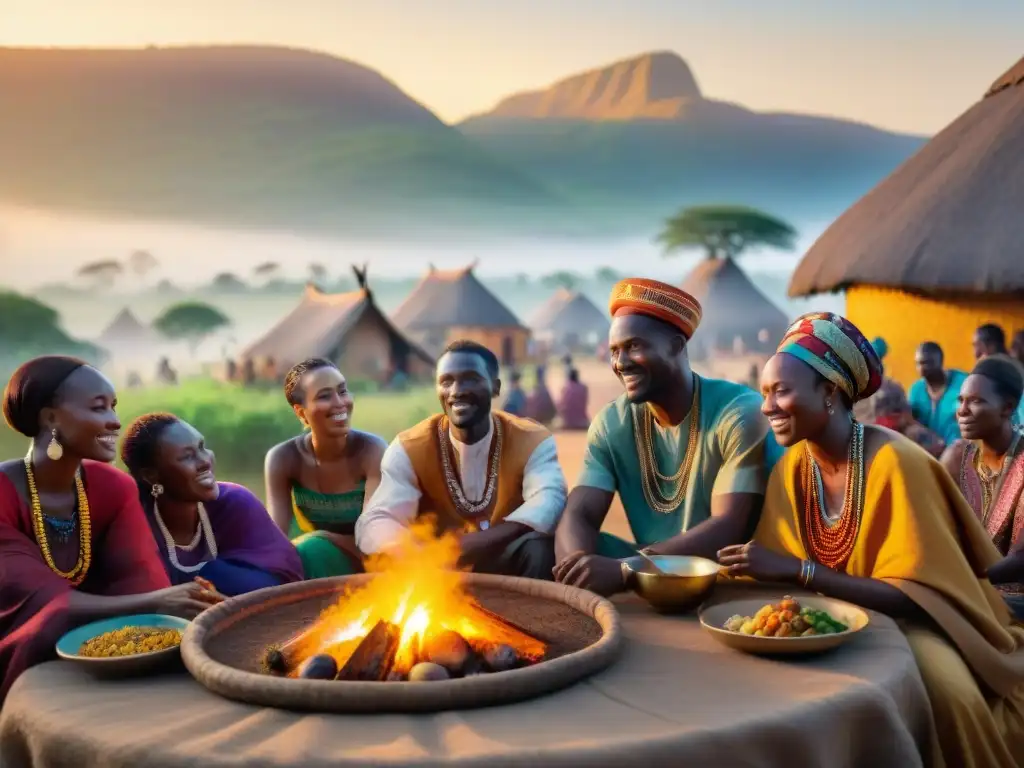 Una vibrante escena de festividad en una aldea africana, destacando la importancia de la gastronomía en la cultura y sociedad africana