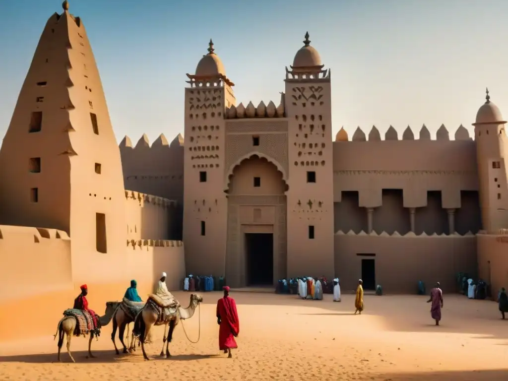 Vibrante escena de la Gran Mezquita de Djenné en Mali, reflejando la influencia religiosa en civilizaciones africanas