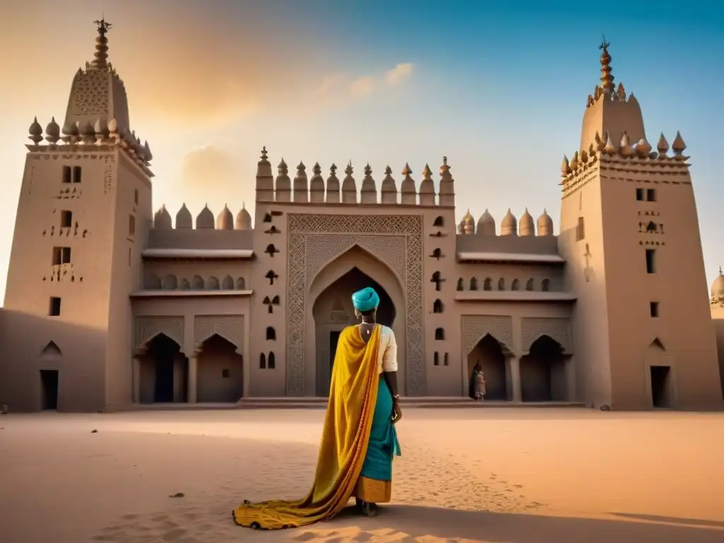 Vibrante escena de la Gran Mezquita de Djenné en Mali, mostrando su arquitectura de ladrillo de barro, minaretes imponentes y bullicioso mercado