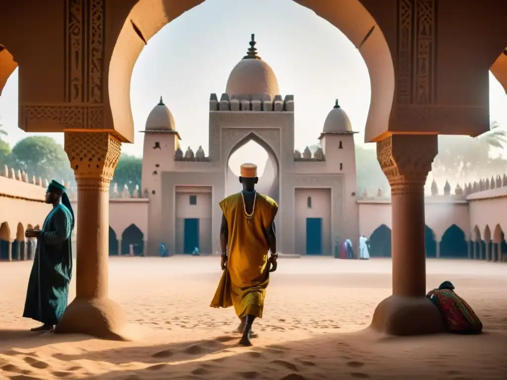 Vibrante escena de la Gran Mezquita de Djenné en Mali, destacando la arquitectura sagrada en civilizaciones africanas