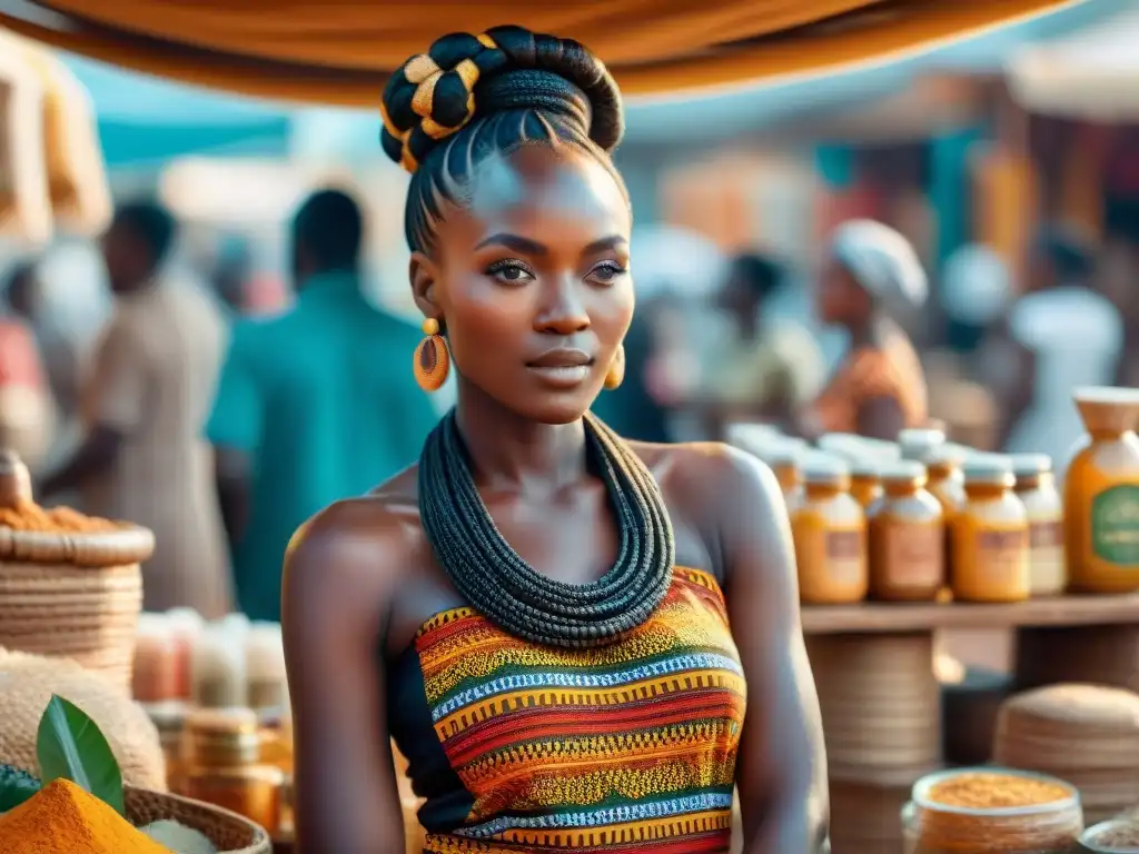 Una vibrante escena de mercado africano, con productos naturales y belleza tradicional