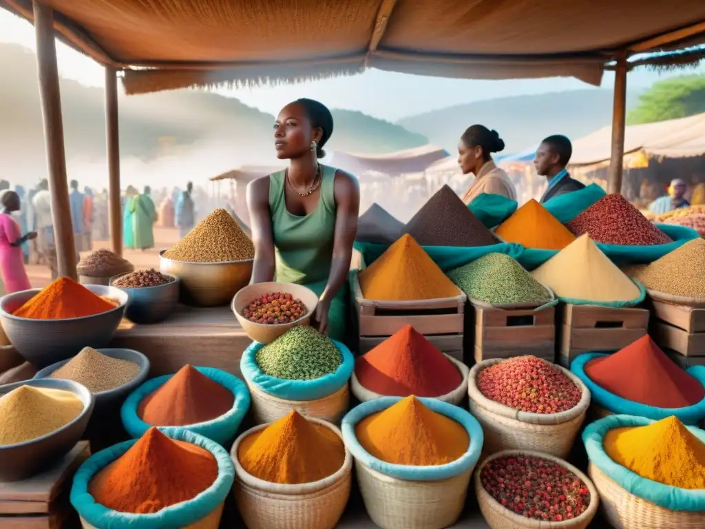 Una vibrante escena en un mercado africano, resaltando las especias coloridas y texturas únicas