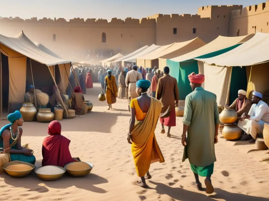 Vibrante escena de mercado en la antigua Timbuktu, reflejando la influencia diáspora africana en el comercio transahariano