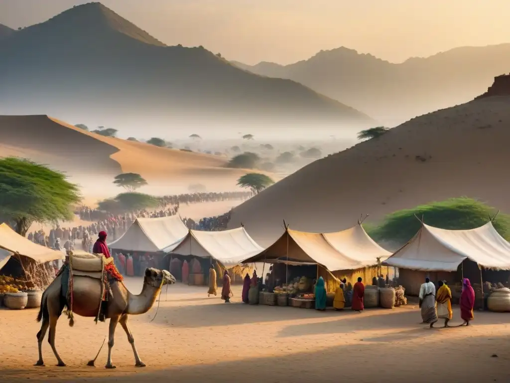 Vibrante escena de mercado en la antigua ruta comercial Transahariana, reflejando la historia de las civilizaciones africanas