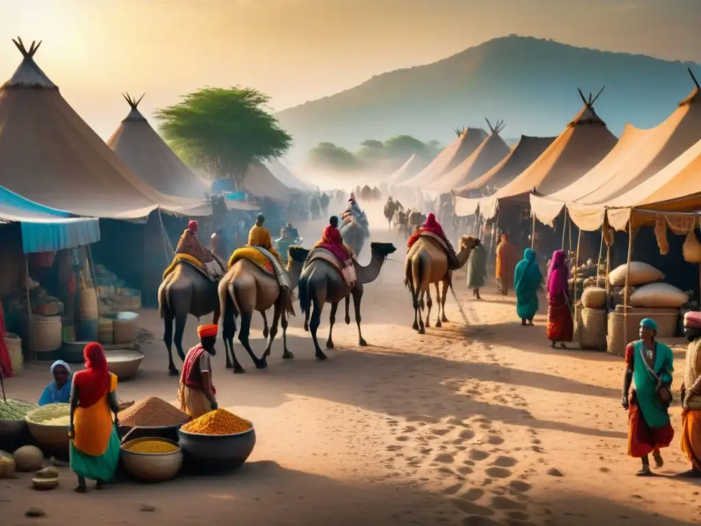 Vibrante escena de mercado en la antigua ruta comercial Transahariana, mostrando la influencia cultural africana