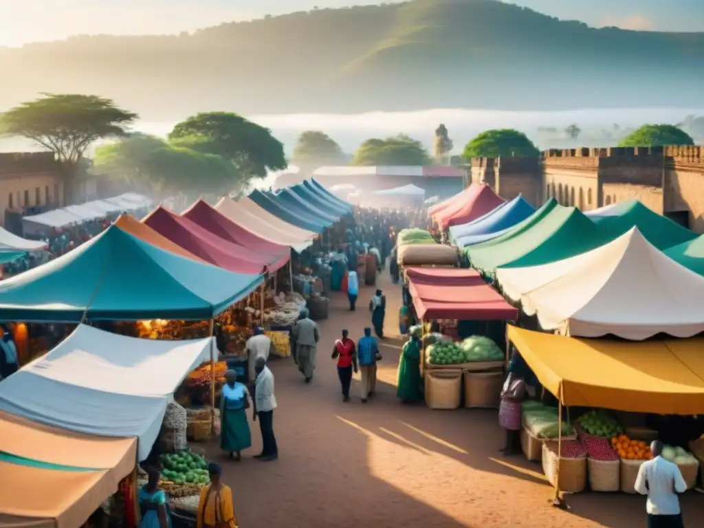 Una vibrante escena de un mercado bullicioso en una ciudad africana, resaltando el emprendimiento africano casos estudio