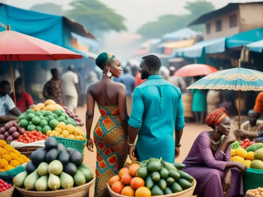 Vibrante escena de mercado en una ciudad de África Occidental, vida y comercio